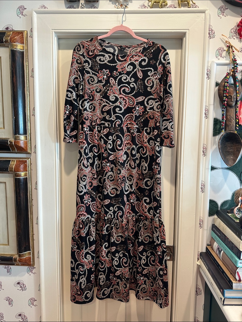 Women’s Black Paisley Midi Dress with Terracotta Accents